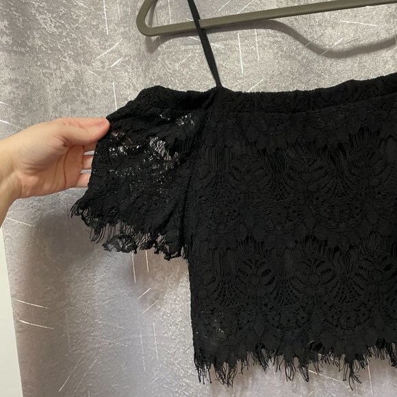 REVAMPED Black Lace Off-the-Shoulder Crop Top w Straps, Semi Sheer - Sz Medium - Picture 5 of 7